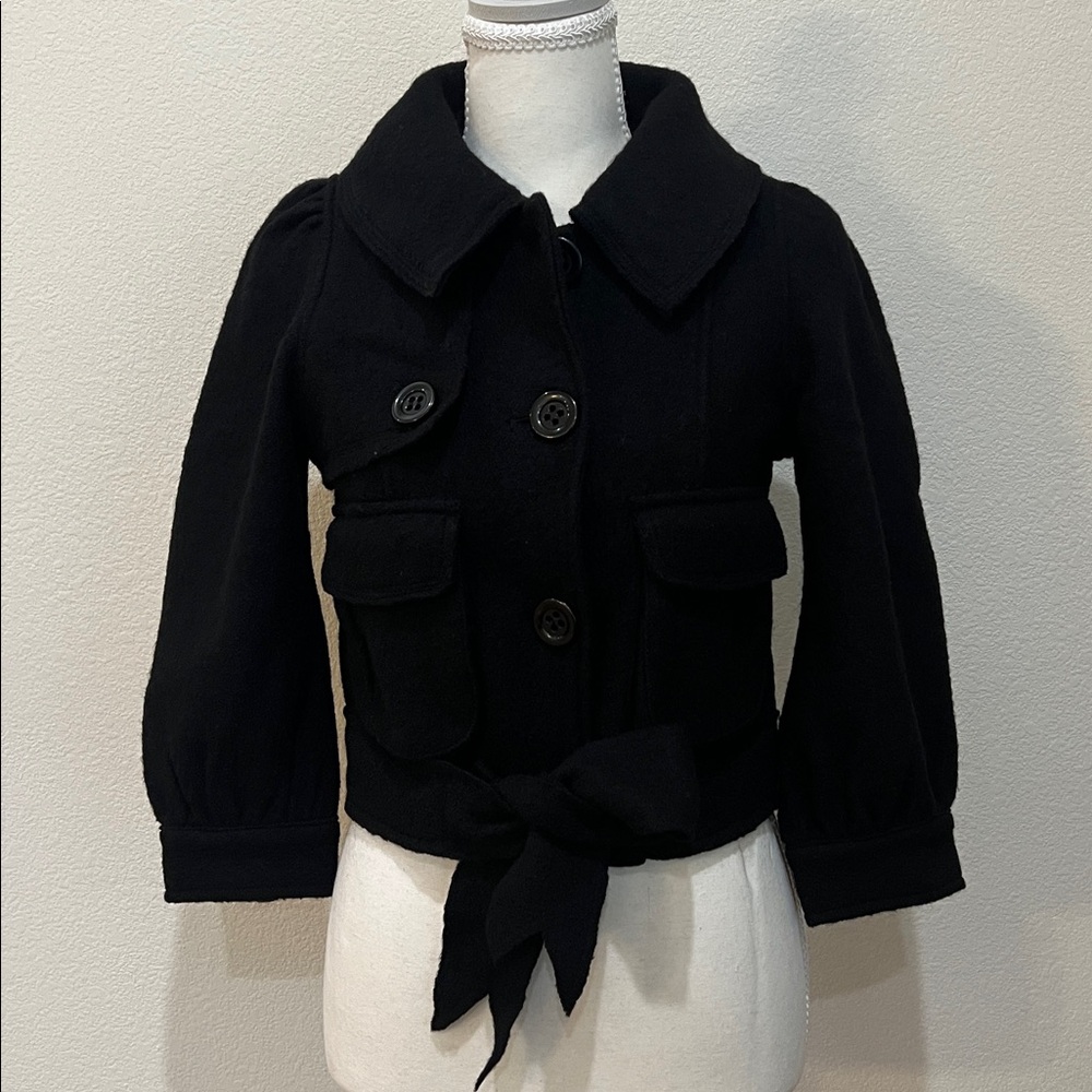 Bebe Black Wool Button Up, Belted Cropped Blazer Womens Small